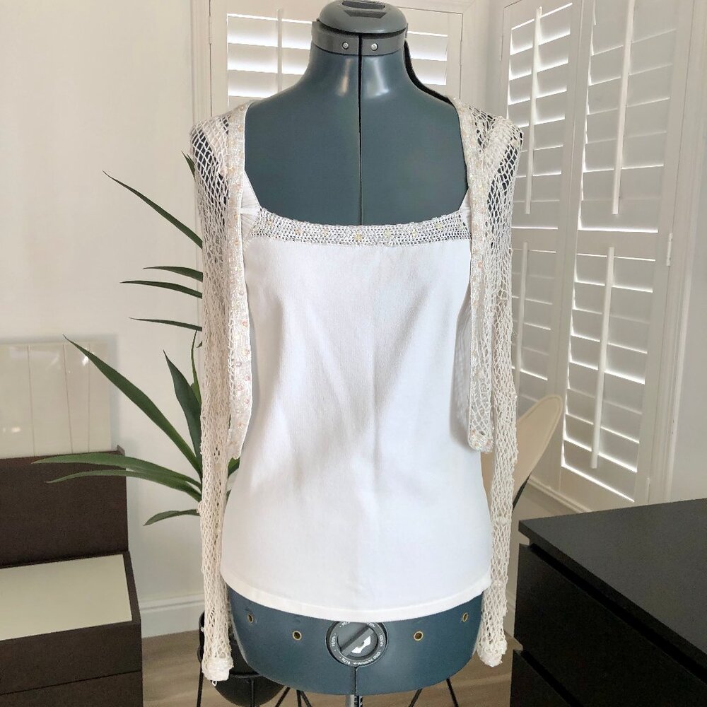 Belldini Matching Set White Tank Top and Cropped Fishnet Cover up Size M